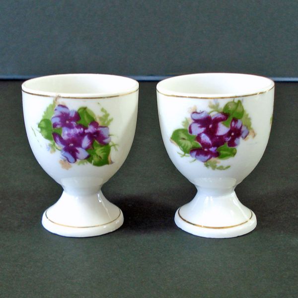 Pair Violets Porcelain Egg Cups Clearance