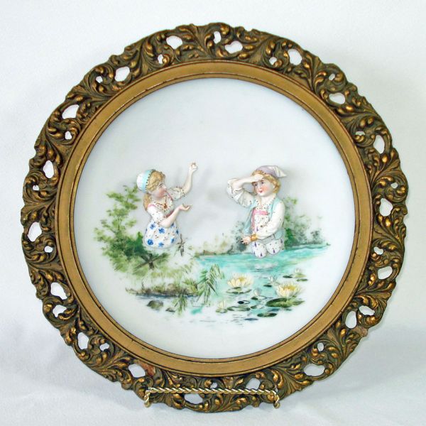 Mt Washington Victorian Glass Charger Plaque With Bisque Figures Clearance