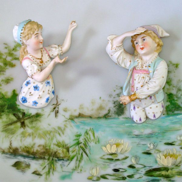 Mt Washington Victorian Glass Charger Plaque With Bisque Figures Clearance #5