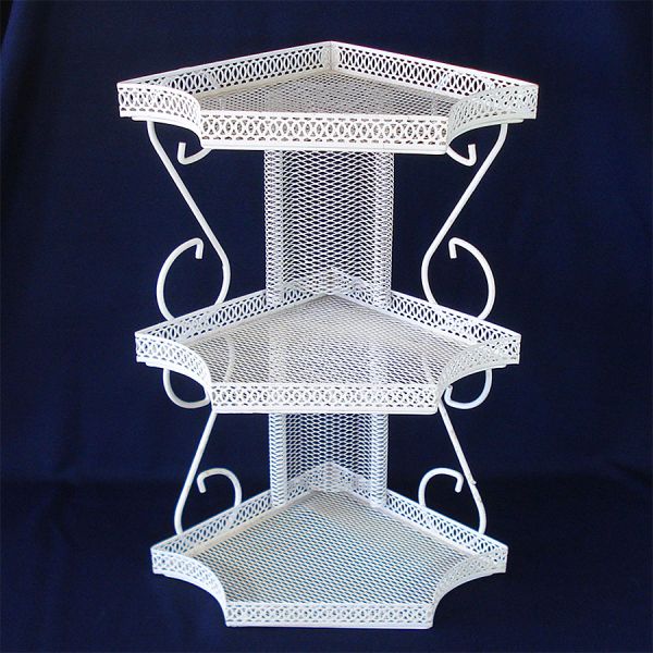 1950s White Mesh 3 Tier Corner Wall Shelf